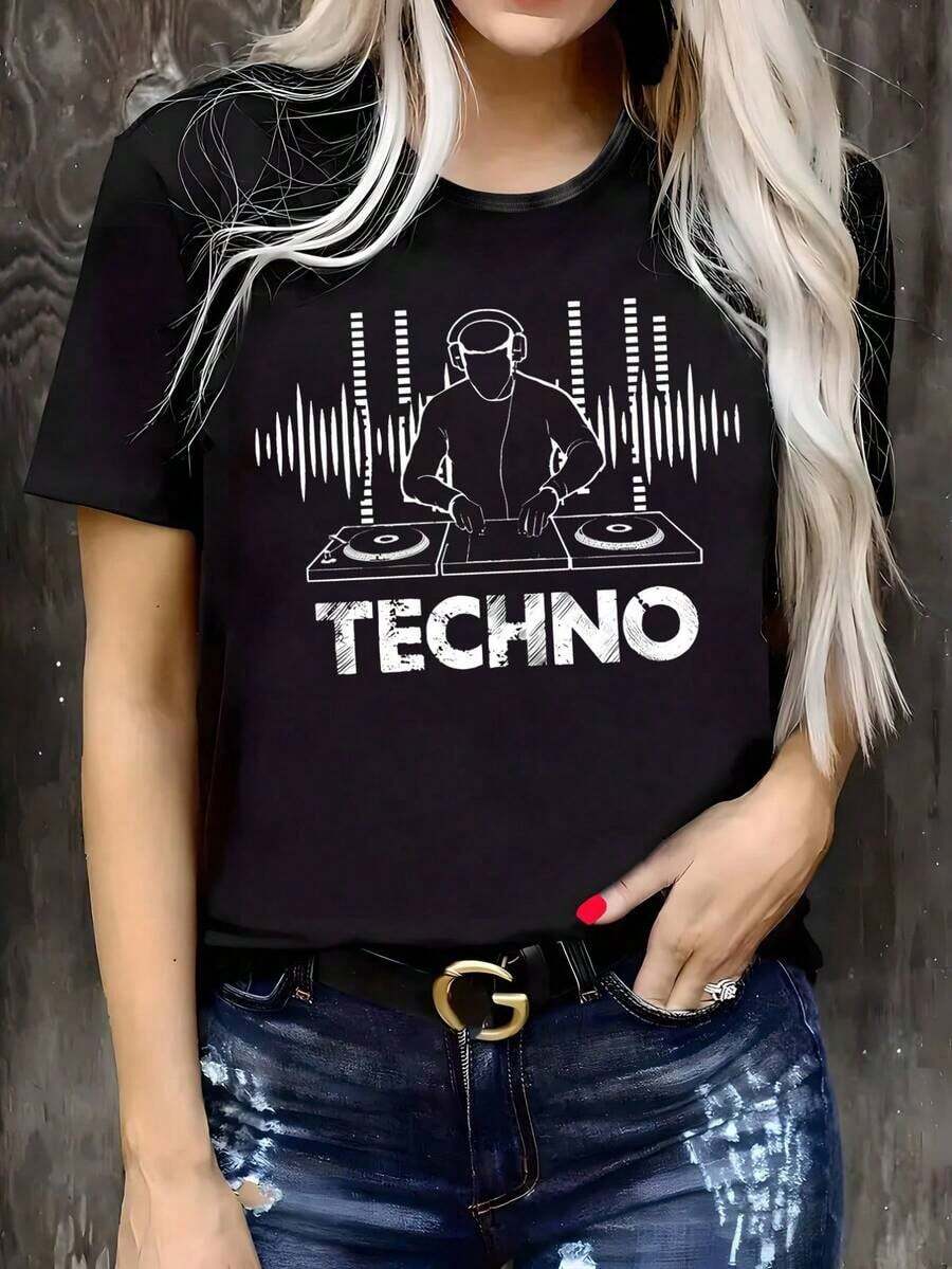 Camiseta Gráfica Techno para Mujer - Camiseta Negra de Cuello Redondo y Manga Corta, Transpirable y de Color Beige Suave, Diseño Casual con Estampado de DJ, Perfecta para Primavera y Verano, Corte Relajado, Estilo Techno, Transpirable y Cómoda. - Negro 6 - Ver 1