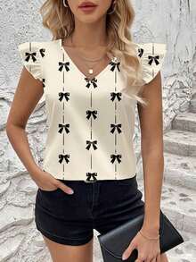 Blusa de moda con cuello en V y mangas cortas con estampado de moño para mujer - Multicolor 3 - Ver 7