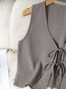 Set de 2 piezas de conjunto informal de mujer de unicolor con nudo, elegante para primavera/verano - Gris - Ver 5