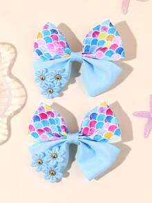2pcs/Set Mermaid Hair Clips, Colorful Girly Hair Accessories, Fashion Fish Scale Print Satin Ribbon Bow Alligator Clips, Suitable For Summer Daily, Beach Party, Seaside Holiday, Coastal Beach Style Cute Hair Decor - Multicolor - View 6