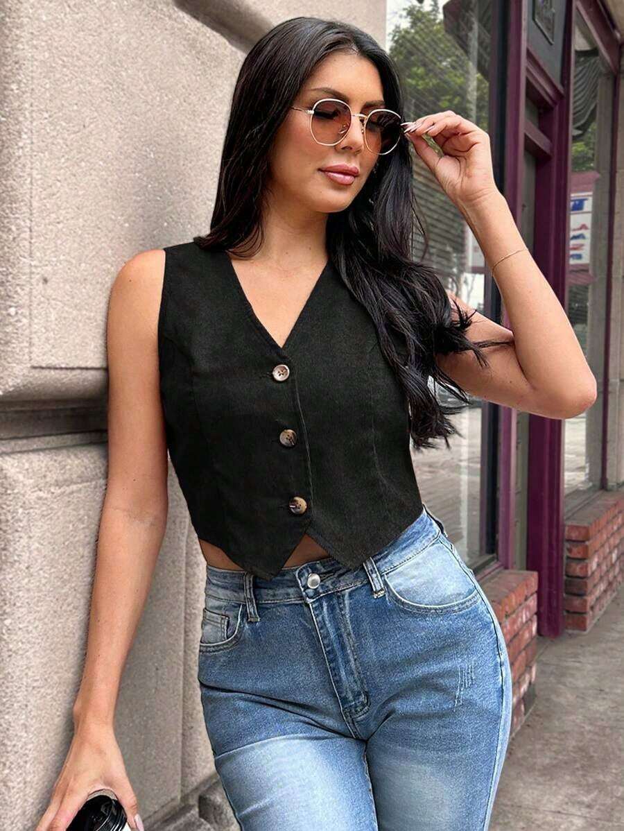 Camisa casual sin mangas de un solo pecho para mujer - Negro - Ver 1