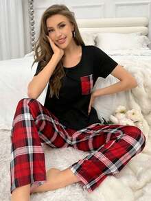 Conjunto De Pijama De Cuadros Para Mujer - Negro - Ver 5