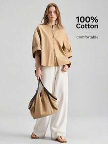 2026 Nueva Blusa de Mujer de Cuello Redondo, Abotonada, Manga 3/4, Silueta Ajustada en la Cintura, Longitud Corta, para Uso Diario, Casual y de Oficina, Versátil y Combinable, Color Blanco, de Alta Calidad, Adecuada para Aeropuerto/Crucero, Apta par - Caqui - Ver 2