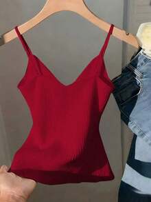 Camiseta de tirantes de mujer de unicolor y diseño minimalista con lazo decorativo para uso diario - Rojo - Ver 2