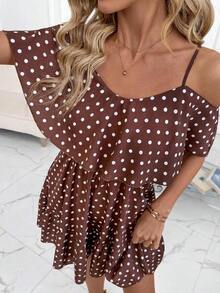 Vestido corto elegante de mujer con cuello en V, volantes, cintura y línea A, con estampado de lunares marrones y hombros descubiertos - Multicolor 3 - Ver 5