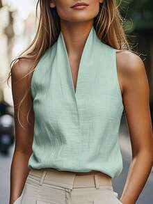 Camiseta sin mangas casual/de trabajo para mujer, estilo europeo y americano, ropa de ocio elegante en beige, azul, rosa, verde para el verano - verde menta - Ver 1