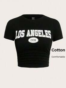 Camiseta De Manga Corta Para Mujer Con Estampado De Letras - Negro - Ver 5