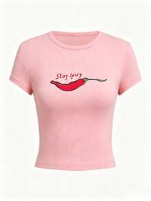 Fitted Cropped T-Shirt With Round Neck And Short Sleeves, Y2K Style, Youthful Blouse That Shows Off The Waist, Basic Sexy Look Ideal For Summer And Everyday Casual Wear MBMC - 粉色 - 查看 4