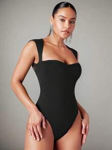Body tank unicolor escote corazón ajustado - Negro - Ver 1