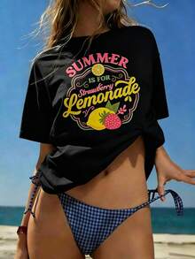 Women's White Oversized T-Shirt, Round Neck, Short Sleeves, Cute Strawberry And Lemonade Print, Super Comfortable And Relaxed Style, Ideal For Summer, Walks, Beach And Vacations With A Fashionable Casual Look 29VR - 黑色 - 查看 8