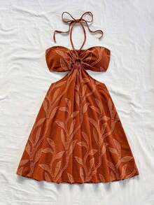 Vestido casual de verano con estampado de flores y mariposas, cuello de cordón y cintura hueca, apropiado para vacaciones, citas, San Valentín, té por la tarde - Marrón - Ver 7