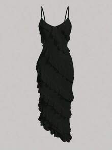xheSHEIN MOD Vestido de verano con tirantes finos y detalle de rizo para mujer con bajo amétricoxhe - Negro - Ver 5