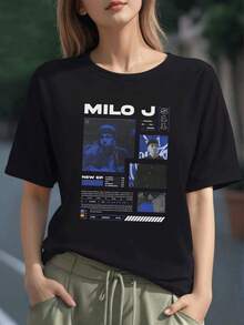 Camiseta Casual de Mujer,Estampado Milo J con detalles técnicos,Diseño moderno y cómodo.220g ,Ideal para un look urbano y actual. - Negro - Ver 1
