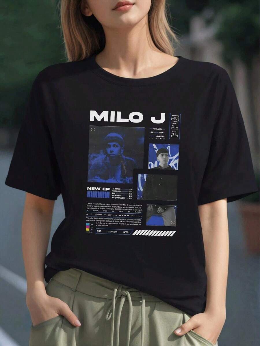 Camiseta Casual de Mujer,Estampado Milo J con detalles técnicos,Diseño moderno y cómodo.220g ,Ideal para un look urbano y actual. - Negro - Ver 1