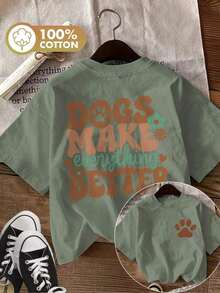 Limited Edition [Double-Sided Print] Women's T-Shirt - Retro Style With Dog Paw Print And Flowers, Loose Fit, Casual For Everyday Wear, Crew Neck, Short Sleeve, Lightweight Cotton - 綠色的 - 查看 7