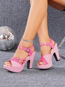2026 New Thick Bottom Non-Fatiguing High Heel Sandals, Summer Chunky Heel Platform Peep-Toe Women Shoes - Pink - View 3