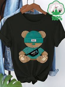 Women's Casual Short Sleeve T-Shirt With Playful Bear Print - "No" Design, Crew Neck, Lightweight And Breathable For Spring/Summer/Autumn, Ideal For Travel, Vacations And Family Outings, Travel Wear | Playful Print | Comfortable Fit, Bear T-Shirt - 黑暗的 - 查看 1