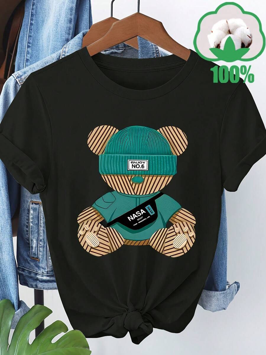 Women's Casual Short Sleeve T-Shirt With Playful Bear Print - "No" Design, Crew Neck, Lightweight And Breathable For Spring/Summer/Autumn, Ideal For Travel, Vacations And Family Outings, Travel Wear | Playful Print | Comfortable Fit, Bear T-Shirt - 黑暗的 - 查看 1