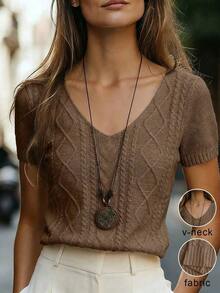 Blusa de punto ajustada con cuello en V y manga corta, color albaricoque, con detalle de trenzado, uso diario minimalista - Marrón Mocha - Ver 1