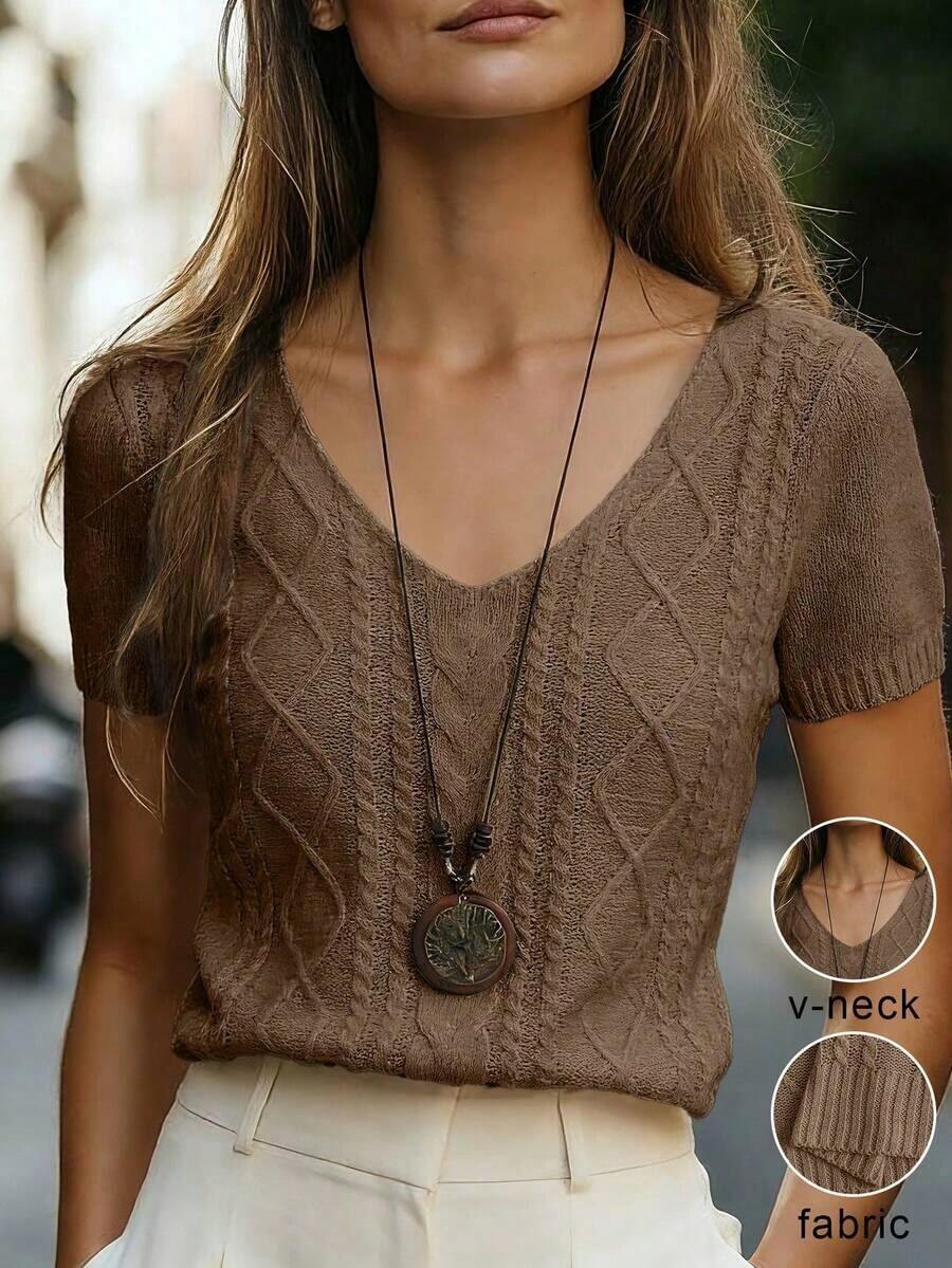 Blusa de punto ajustada con cuello en V y manga corta, color albaricoque, con detalle de trenzado, uso diario minimalista - Marrón Mocha - Ver 1