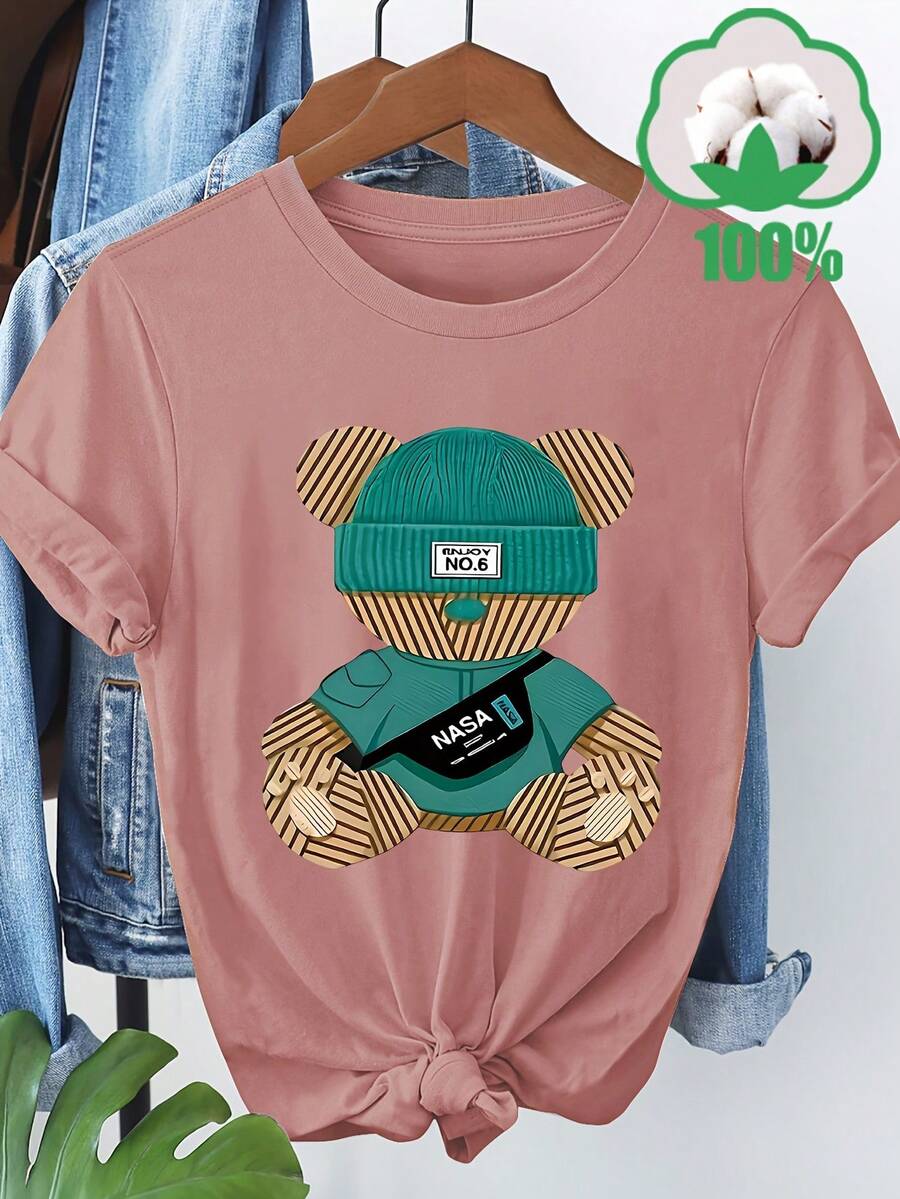 Women's Casual Short Sleeve T-Shirt With Playful Bear Print - "No" Design, Crew Neck, Lightweight And Breathable For Spring/Summer/Autumn, Ideal For Travel, Vacations And Family Outings, Travel Wear | Playful Print | Comfortable Fit, Bear T-Shirt - 粉色 - 查看 1