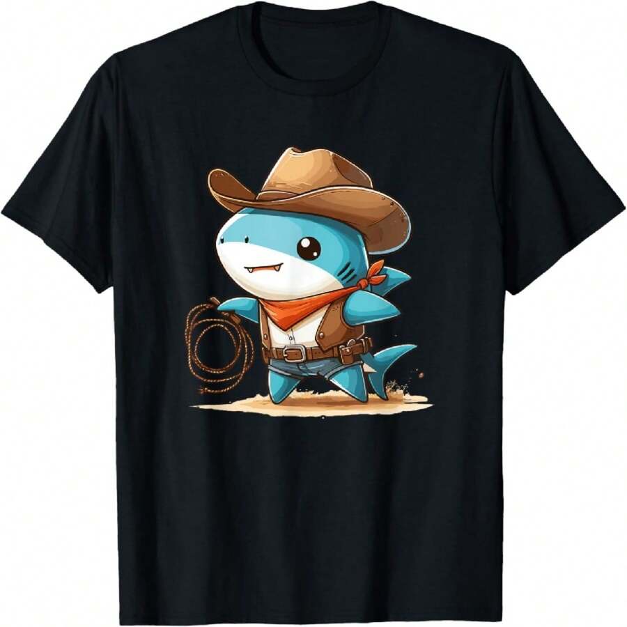 Western Rodeo Cowboy Hat Shark Texas Animals T-Shirt(1) - Black - View 1
