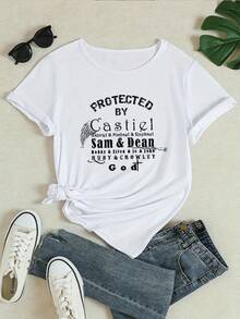 Cassiel Series Women's T-Shirt With Iconic Print - Black With White Print, Loose Fit, Short Sleeves, Round Neck, Stretchy Casual T-Shirt, Suitable For Fans, Casual Wear - 黑色 - 查看 8