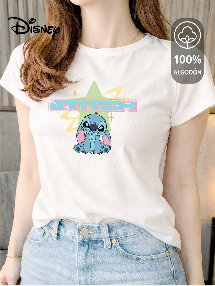 Women's T-Shirt Made Of 100% High-Quality Cotton, This T-Shirt Guarantees Exceptional Softness To The Touch, Round Neck With "Disney Stitch Star Retro" Print And Short Sleeves - 白色 - 查看 1