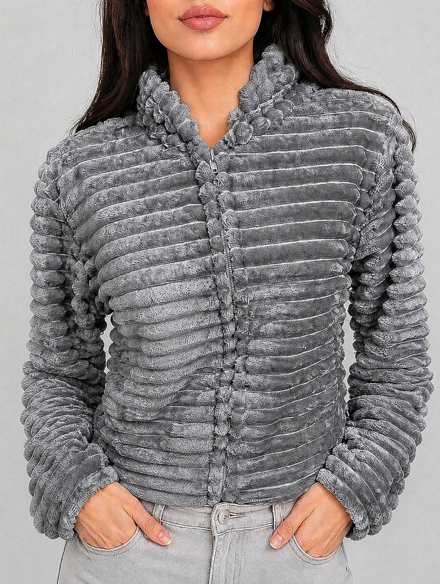 Teddy Coat / Fleece Jacket / Ribbed Fleece Jacket - 灰色 - 查看 1