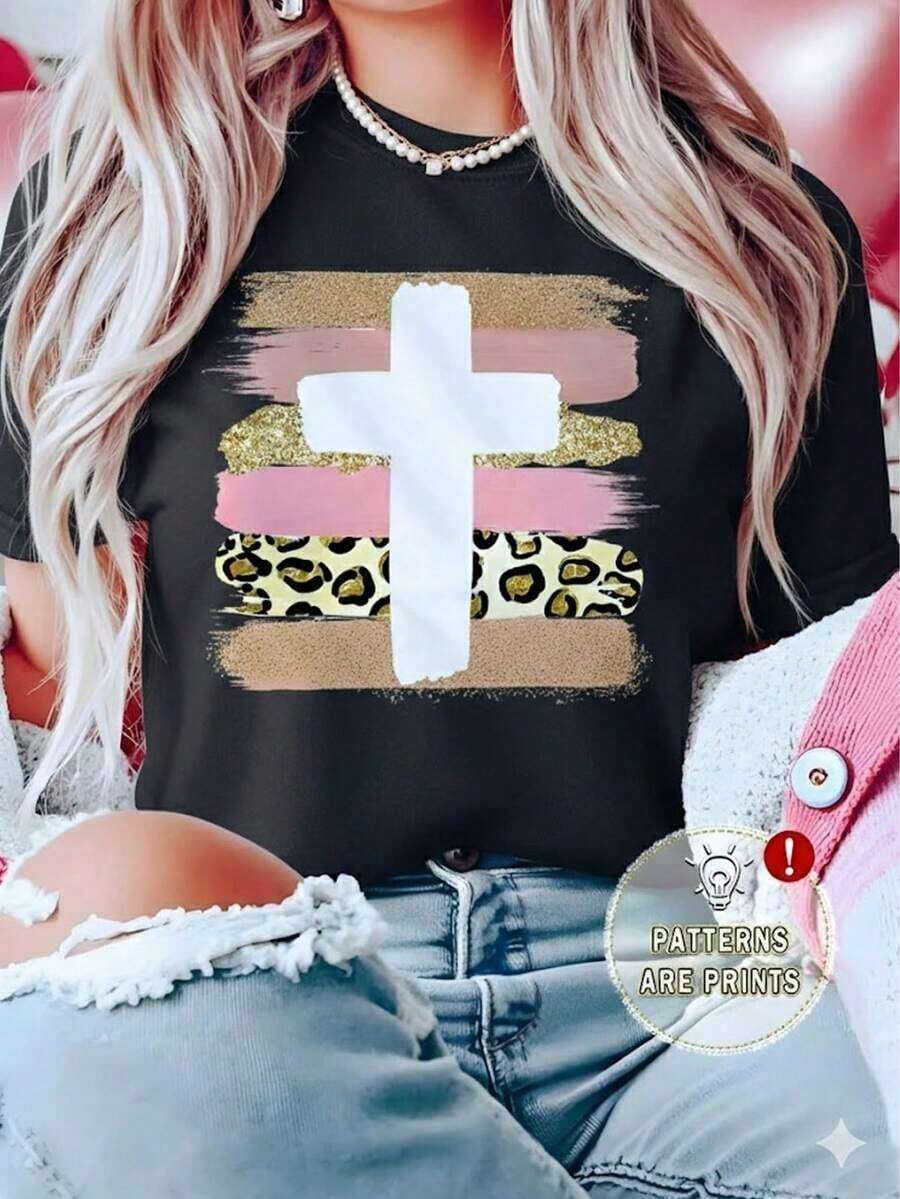 Playera Blanca de Mujer con Cruz de Estampado de Leopardo y Brillos, Camiseta de Diseño de Fe Aesthetic Manga Corta, Top Moderno Espiritual de Animal Print, Blusa Casual de Moda con Texturas MixtasPure-Cotton - Negro - Ver 1