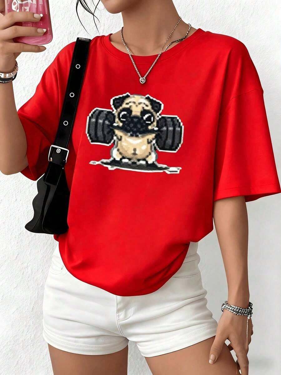 100% Cotton. Puppy Lifting Weights Symbolizing Inner Strength And Playful Cuteness, Inspiring Daily Energy And Determination. Women's T-Shirt, 100% Soft And Comfortable Cotton, Ideal For Casual Wear. Women's Simple Solid Color T-Shirt, Loose And Slim Fit Casual Short Sleeve - 紅色的 - 查看 1
