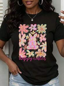 Women's Casual Short Sleeve T-Shirt, New 2026, Easter Theme, With Rabbit And Flower Print, Happy Easter Text For Spring Celebration,  Women's T-Shirt - 黑色 - 查看 7