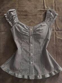 Blusa de mujer con volantes y rayas de solapa única - Blanco y Negro - Ver 6