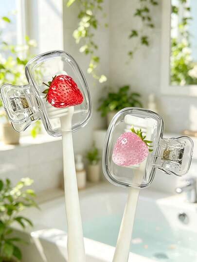 2 gói giá đỡ bàn chải đánh răng hình dâu tây phẳng - thiết kế dễ thương dùng cho du lịch và sắp xếp tại nhà với nắp trong suốt, thiết kế nhỏ gọn và di động dễ mang theo, bảo vệ đầu bàn chải đánh răng, có tính năng thoát nước và thông gió kép, phù hợp cho gia đình, ký túc xá và du lịch | Giá đỡ đầu bàn chải đánh răng dễ thương, lý tưởng để lưu trữ trong phòng tắm, phù hợp cho gia đình và ký túc xá