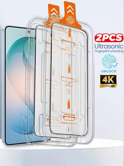 مجموعة من 2 قطعة من واقي الشاشة الزجاجي المقوى المفتوح للهاتف Galaxy S26 Ultra/S26+/S26/S25/S25+/S25Ultra/S24/S23/S22/S21، شفاف عالي الدقة مضاد للسقوط، تحديد موضع دقيق، القفل بالبصمة في ثوان