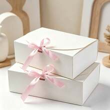 3 Sizes Available, White Gift Box With Lid & Blue Ribbon, Paper Invitation Gift Box For Bridesmaids, Suitable For Wedding, Birthday, Christmas, Party Favors - View 2