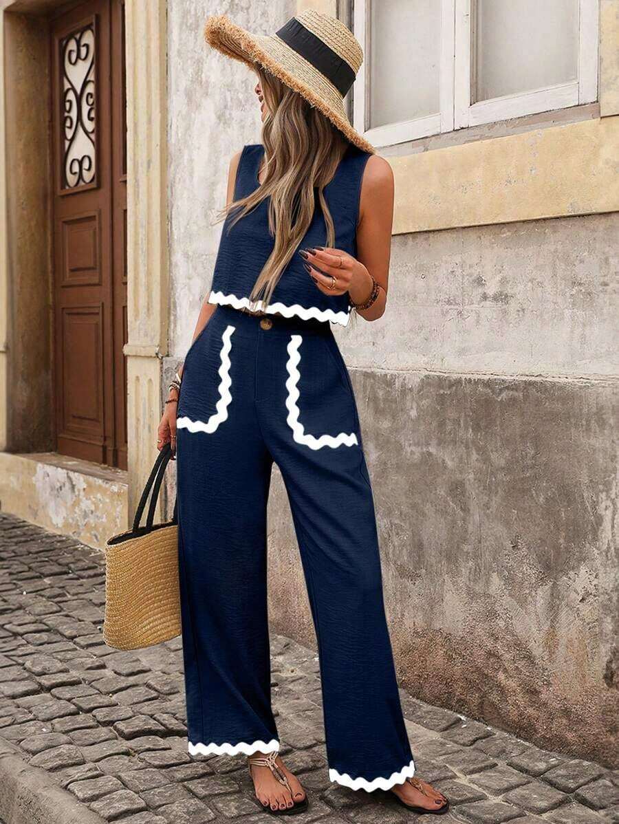 LUNE Conjunto de top corto sin mangas de cuello cuadrado informal y pantalones rectos, con bolsillo con cinta a color, para primavera/verano - Azul - Ver 1