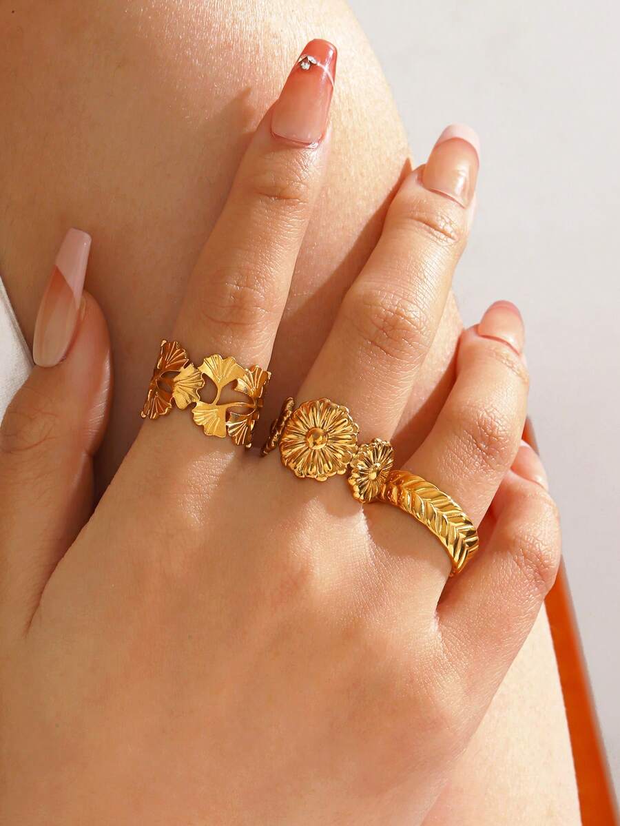 3pcs Stainless Steel Minimalist Ginkgo Leaf & Flower Ring Set, Suitable For Women's Daily, Party, Event Wear - Yellow Gold - View 1