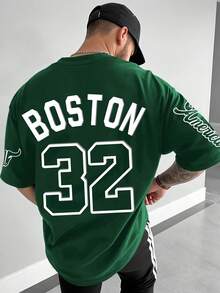 Áo thun nam FRACTYR mùa hè, phong cách đường phố thường ngày, in hình bóng rổ BOSTON 32, cổ tròn, dáng rộng, thoải mái, thoáng khí, phù hợp cho hoạt động ngoài trời, màu trơn, kiểu dáng retro cá tính, mềm mại và thân thiện với da. - Màu xanh lá cây đậm - Xem 1