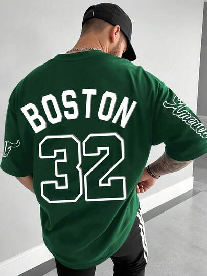 Fractyr Camiseta de manga corta casual de verano para hombre, estilo callejero americano con estampado del número 32 de baloncesto de Boston, cuello redondo, cómoda y transpirable, adecuada para uso al aire libre, unicolor, estilo retro fresco, suave y agradable para la piel