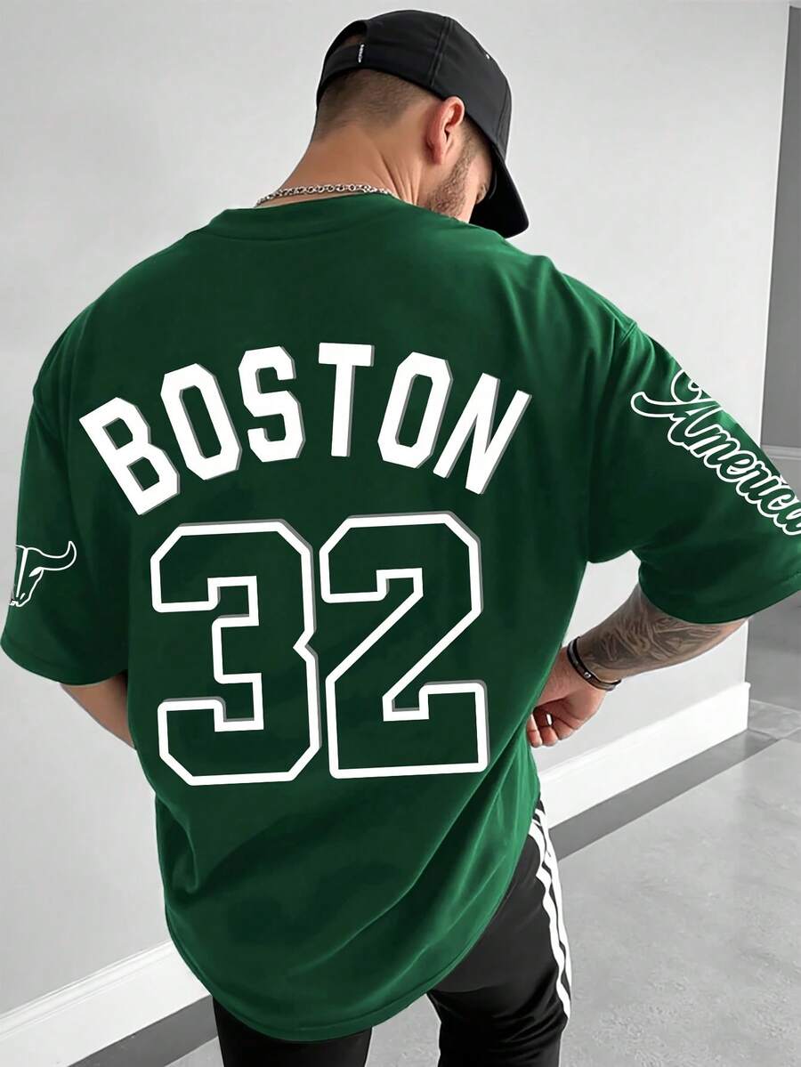 Áo thun nam FRACTYR mùa hè, phong cách đường phố thường ngày, in hình bóng rổ BOSTON 32, cổ tròn, dáng rộng, thoải mái, thoáng khí, phù hợp cho hoạt động ngoài trời, màu trơn, kiểu dáng retro cá tính, mềm mại và thân thiện với da. - Màu xanh lá cây đậm - Xem 1