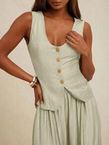 Conjunto de mujer (Parte superior y pantalón) Parte superior tipo chaleco con cuello en pico y abotonado, pantalón ajustado de tiro alto con pliegues, apto para oficina, negocios, casual, brunch, iglesia, otoño e invierno, adecuado para atuendos de oficina - Beis - Ver 1