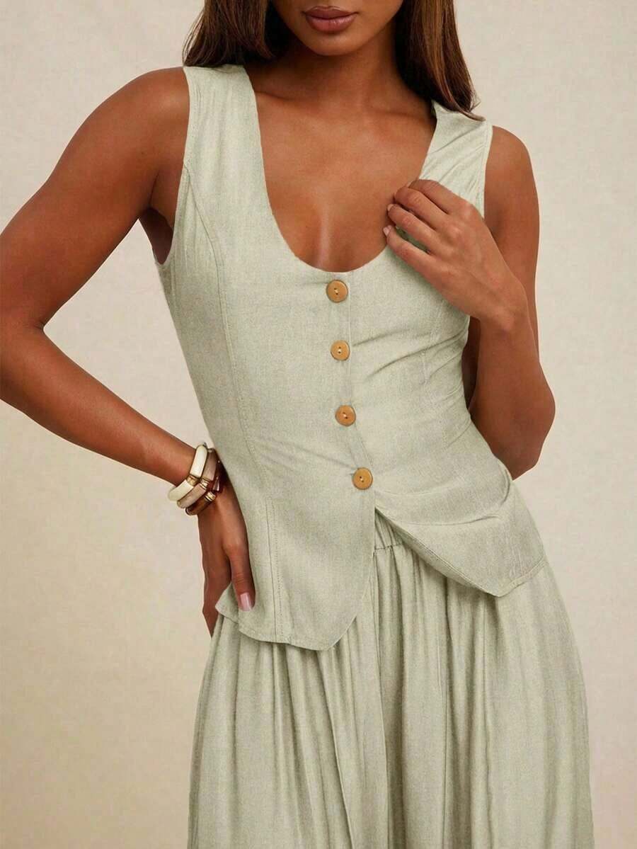 Conjunto de mujer (Parte superior y pantalón) Parte superior tipo chaleco con cuello en pico y abotonado, pantalón ajustado de tiro alto con pliegues, apto para oficina, negocios, casual, brunch, iglesia, otoño e invierno, adecuado para atuendos de oficina - Beis - Ver 1