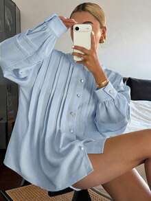 Women's Loose-Fitting Yellow Blouse With Round Neck And Pleats - Grey - View 11