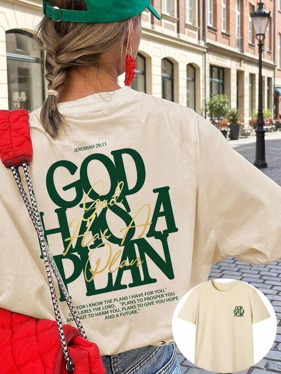 1 Piece Of Women's Short Sleeve T-Shirt, With Graphic Letter Print, Casual Style, Loose Fit, Versatile, Round Neck, Camel Color, For Daily Wear, Fashionable And Soft. - 杏色 - 查看 1