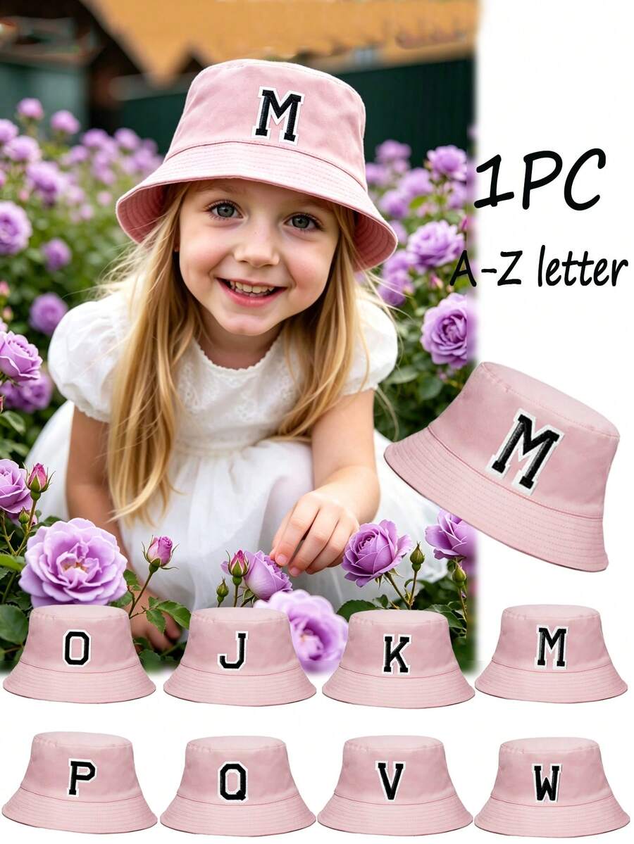 1pc Girls Letter Pattern Bucket Hat, Practical Children's Gift, Suitable For 3-16 Years Old Girls, Spring/Summer Outdoor Activities, Hiking, Fishing, School Use - Pink - View 1
