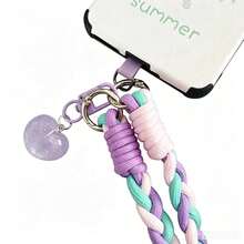 1pc Colorful Braided Long Lanyard Necklace With Heart Pendant, Contrast Color Phone Strap Compatible With Android And Most Smartphone,Gifts For Mother, Family, Friends, Birthday, Holiday Phone Chain - Pink, Purple and Green - View 2