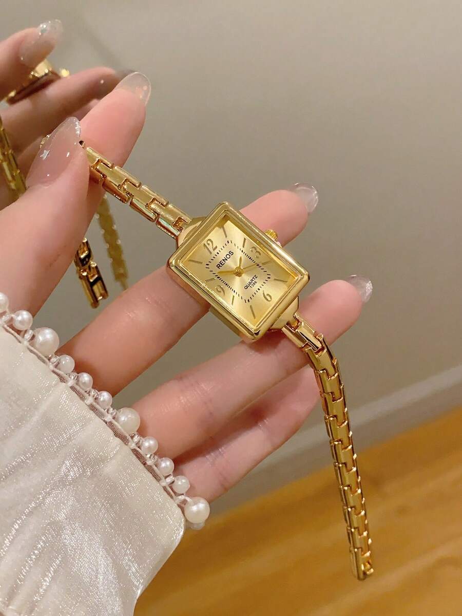 1件女款不鏽鋼錶帶手錶,經典方形錶盤,優雅石英錶,適合日常配戴、商務、派對 - 金色 - 查看 1