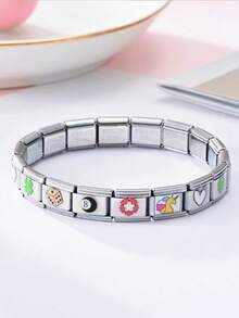 1 chiếc vòng tay tự lắp ráp bằng thép không gỉ, vòng tay co giãn, vòng tay hình vuông lồng vào nhau và họa tiết tàu hỏa. - Bạc - Xem 5