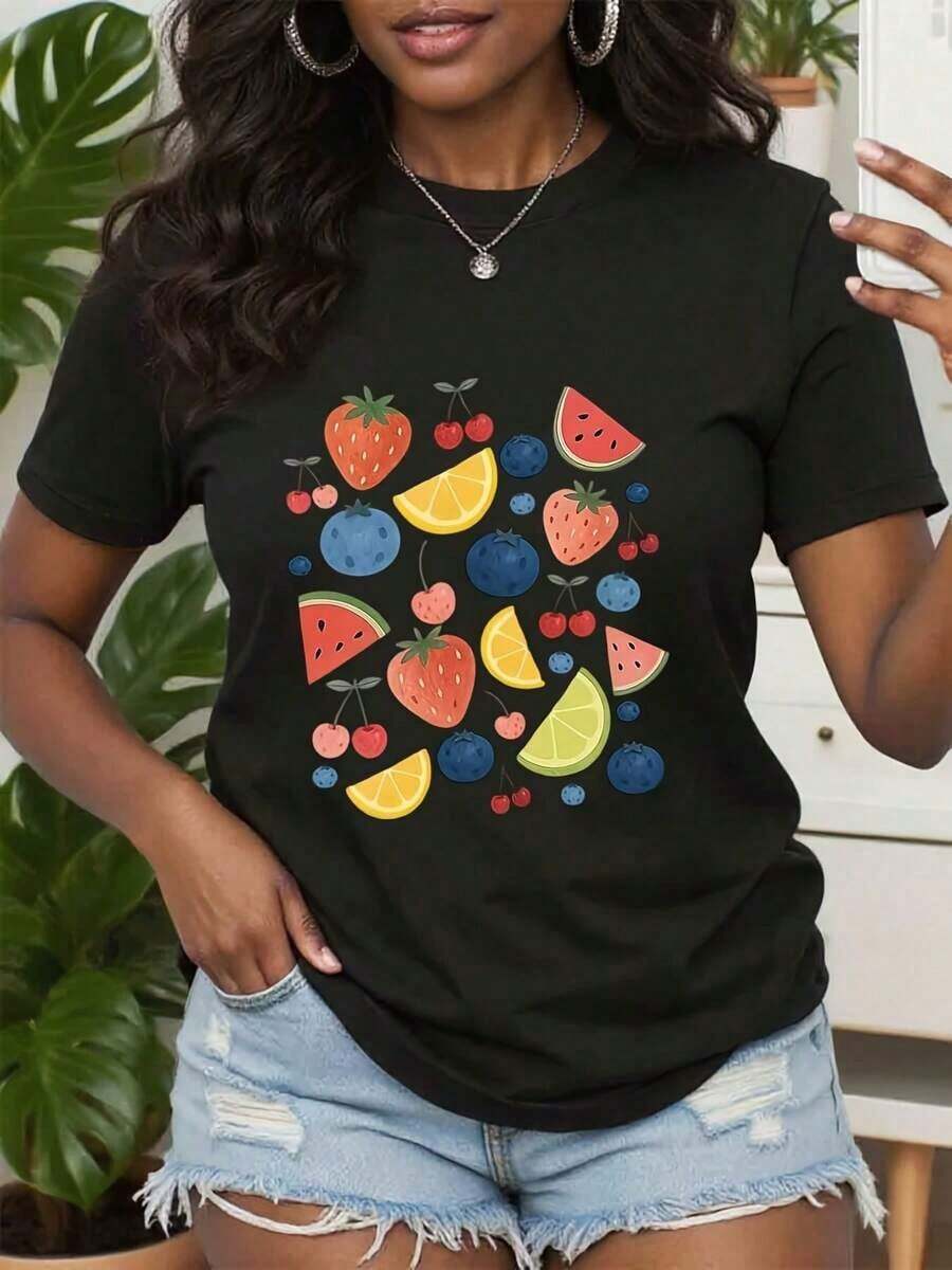 Casual Strawberry Print T-Shirt, Retro Strawberry Graphic T-Shirt, Vintage Fruit Illustration T-Shirt, Gift For Sweet Berry Lovers, Retro Style Clothing, Perfect Gifts For Grandma And Mom. - 黑色 - 查看 1
